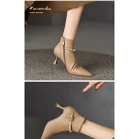 Giày Bốt Ngắn Pháp Đến Mắt Cá Chân Dài Phong Cách Mới Mùa Đông Mũi Nhọn Giày Cao Cấp Nữ Stiletto Ngọc Trai Gợi Cảm Giày Nữ Nhỏ Stiletto Gót Chân