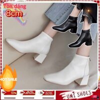 Giày bốt nữ (boot line) kéo khóa gót cao 5m nhẹ êm màu kem/đen đẹp.