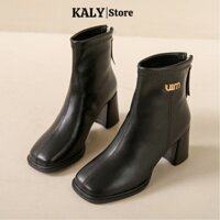 Giày bốt nữ cao gót 7p đế vuông KALY boots da nữ lót nhung mềm khóa sau thời trang mùa đông