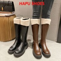 Giày bốt nữ cổ lông khóa sau, bốt đùi nữ chất da mềm đế cao 5cm