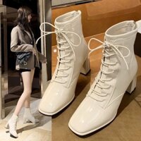 Giày bốt nữ cổ lửng da bóng nuộc dây cao cấp, bốt nữ đế cao 7cm gốt vuong 2 màu đen, kem