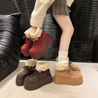 Giày bốt nữ cổ ngắn đi tuyết đế bánh mì bề mặt da lộn phối cổ lông thời trang