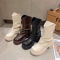 Giày Bốt Nữ Cổ V Nhỡ B02 Kéo Khoá Độn Đế Full Boxx