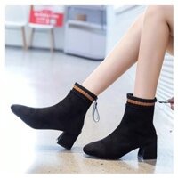 Giầy Bốt Nữ Da Lộn Gót Vuông Cổ Cam Khóa Sau Phối Dây Cá Tính Fullbox (B25)