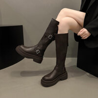 Giày bốt nữ đế cao, boot nữ đế dày cao gót da trơn cao cấp phối kim loại cổ cao 25cm phong cách đường phố cá tính GD012