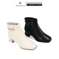 Giày bốt nữ hàn quốc Nin shoes boot cao cổ gót vuông đế vuông đai kim loại kéo khóa sau chân form giày ôm chân siêu xinh