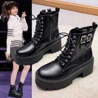 Giày bốt nữ Martin cổ cao- Giày boot da cao gót nữ thời trang phong cách Hàn Quốc khóa kéo ống cao 20Cm màu đen