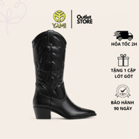 Giày Bốt Ống Nữ Hàng Hiệu, Giày Bốt Cao Bồi Nữ Ống Trung Mũi Nhọn Gót Vuông Họa Tiết 3D Âu Mỹ, Giày Xuất Xịn YAMI