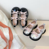Giày búp bê 2 nơ da bóng mẫu mới 2024 hàng thu đông đế mềm chống trơn cho bé gái từ 4-15 tuổi
