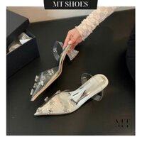 Giày búp bê bạc hở gót đế cao 5P quai mica trong đính đá sang chảnh form đẹp tôn chân MT Shoes GN045