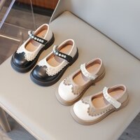 Giày Búp Bê Bằng Da Bóng Viền Hoa Đính Ngọc Trai Ở Quai Đế Mềm Chống Trơn Trượt Êm Chân Thời Trang Cho Bé Gái