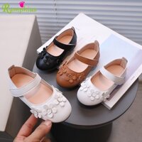 Giày búp bê bé gái RUMPHIUS bằng da màu trơn đính hoa đế mềm chống trượt dễ phối đồ size 21-30