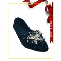 Giày búp bê bệt mũi nhọn màu đen họa tiết hình bươm bướm màu vàng đế cực êm