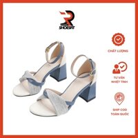 Giày Búp Bê Cao Gót Có Dây Giày, Vải Bạt Hai Màu Đế Vuông