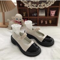 Giày búp bê có quai đen trắng đính hạt Mary Jane Yannie Lolita