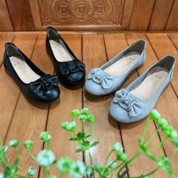 Giày búp bê da bò màu đen đính nơ xinh Trường Hải da mềm BB112Đ