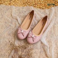 Giày búp bê da bò mềm màu hồng nơ xòe hồng trắng mang êm chân