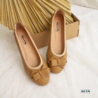 Giày búp bê da bò mềm màu vàng nâu nơ xếp mang êm chân