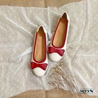 Giày búp bê da bò mềm trắng kem nơ vuông đỏ mang êm chân