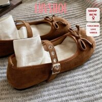Giày Búp Bê Da Lộn Nữ Luvshoe Đính Nơ, Giày Lười Vintage, Thoáng Khí, Chất Da Mềm