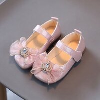 Giày búp bê da mềm hồng ánh bạc phối nơ vương miện bé gái nhỏ