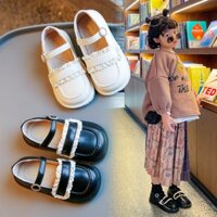 Giày búp bê đế bằng có quai ngang cho bé - Giày công chúa da PU có phối ren vải đơn giản vintage cho bé gái mã YNK 819