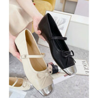 Giày Búp Bê Đế Bằng Mũi Bạc Đính Nơ Da Pu Mềm Đế Cao Su Dẻo