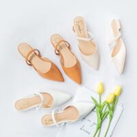 Giày Búp Bê Đế Bệt Erosska Mũi Nhọn Hở Gót Phối Dây Thun Không Quai Cài cao 2cm