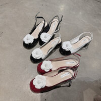 giày búp bê đính bông đế vuông cao 5cm có hậu giây khoá cực dẽ mang