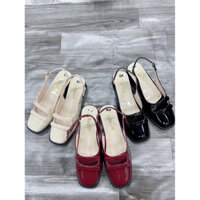 giày búp bê gắn nơ nữ hở gót có quai hậu chất liệu da bóng nổ bật điệu đà đế cao 3cm