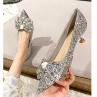 Giày Búp Bê Gót Thấp Đính Nơ Màu Bạc Thời Trang 2023 Mới Cho Cô Dâu