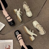 Giày búp bê hở gót mũi vuông da trơn quai ngang đế cao 6cm