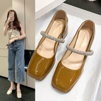 Giày búp bê Lolita nữ 4 cm mũi tròn gót vuông dây quai ngang đính đá trong suốt đế chống trơn trượt &38773