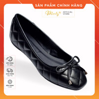 Giày Búp Bê Mũi Vuông Da Chần Chỉ Caro Đính Nơ Merly 1514, Giày Công Sở Nữ Êm Chân, Giày Bít Mũi Nữ Đế Thấp, Giày Bệt Nữ
