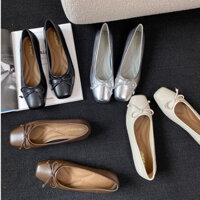 Giày búp bê mũi vuông đế bệt đính nơ lót êm, màu bạc chất da dày dặn hai lớp hàng QC cao cấp BB1