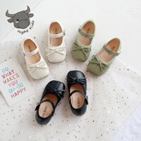 Giày búp bê mũi vuông gắn nơ nhỏ xinh cho bé gái - Giày búp bê da PU 3 màu đen xanh trắng có quai dán M718