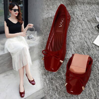 Giầy búp bê nơ da bóng 2 màu đỏ đen kiểu dáng trẻ trung phong cách Hàn Quốc hiện đại Ulzzangshop520