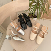 Giày búp bê nữ 4 phân Shoes Paradise mũi vuông cao 4cm gót vuông hở gót màu đen kem bạc 35 36 37 38 39 L088