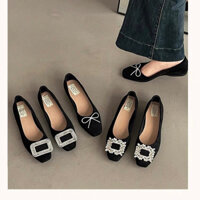 Giày búp bê nữ da lộn đính nơ đá đế cao 2cm phong cách tiểu thư