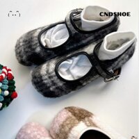 Giày Búp Bê Nữ Đế Bệt Mũi Tròn Chất Dạ Kẻ Bông Mềm Phong Cách Hàn Quốc Vibe Thu Đông