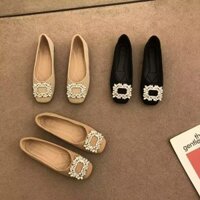 Giày búp bê nữ đính đá đế bệt chống trơn trượt vải xước phong cách mới nhất, hàng chuẩn QC loại I