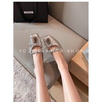 Giày búp bê nữ, giày nữ đế bằng Mary Jan mũi tròn da mềm đế dẻo phối nơ xinh xắn màu bạc hottrend 2024 B54