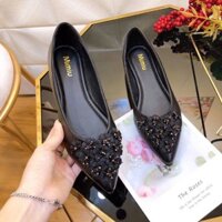 Giày búp bê nữ hoa nhí thời trang, da bóng gót vuông đế bằng mang