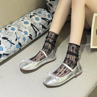 Giày búp bê nữ lolita đế bệt phối nơ màu bạc chất da mềm không nhăn mẫu mới 2025