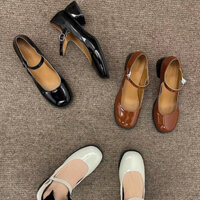 Giày búp bê nữ mũi tròn quai cài da bóng đế cao 4cm