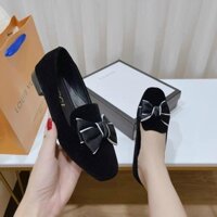 Giày búp bê nữ mũi vuông DA NHUNG QUAI LÁCH gắn nơ vải chất đẹp đế bệt sang chảnh