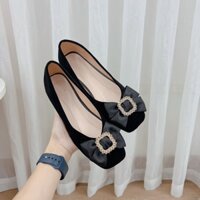 Giày búp bê nữ mũi vuông phối nơ khóa chất da lộn êm chân mã K55