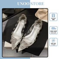 Giày Búp Bê Nữ Pha Lê, Giày Nữ Pha Lê Trong Suốt Đính Đá Đế Đỏ Mũi Bịt 2CM Hàng Chuẩn Full Box