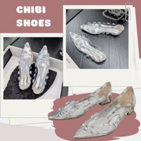 Giày Búp Bê Nữ Pha Lê, Giày Nữ Pha Lê Trong Suốt Đính Đá Đế Đỏ Mũi Bịt 2CM Full Box Hàng Chuẩn, Chibi_shoes