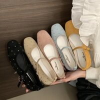 Giày búp bê nữ quai ngang da lộn đính đá đế mềm êm chân phong cách thanh lịch vintage phù hợp đi làm đi chơi